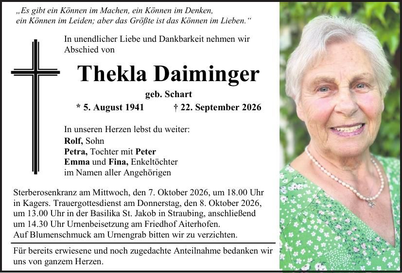 Traueranzeige Thekla Daiminger