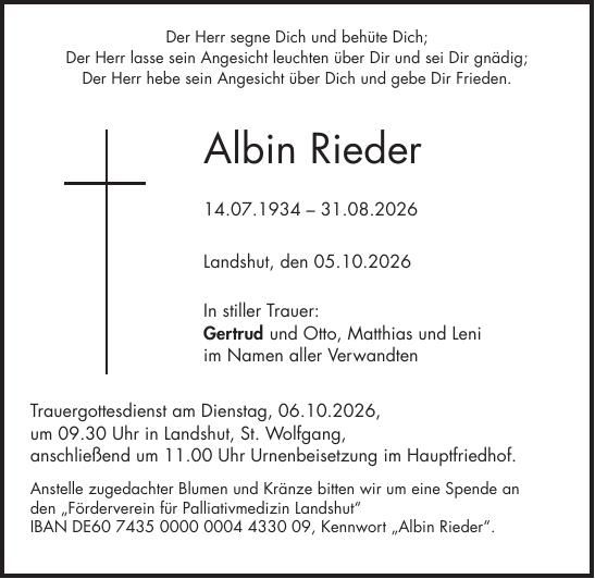 Traueranzeige Albin Rieder