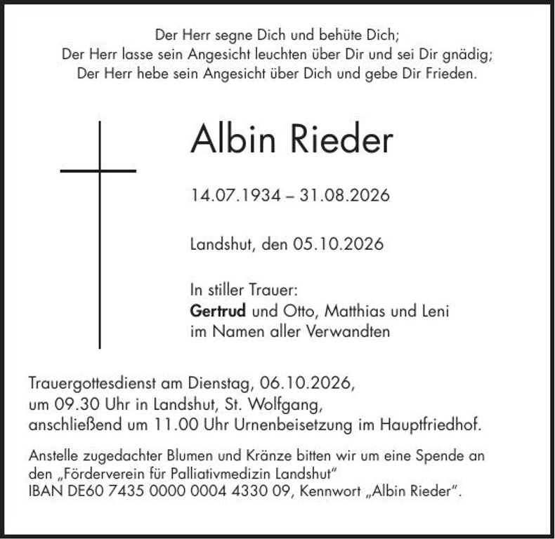 Traueranzeige Albin Rieder