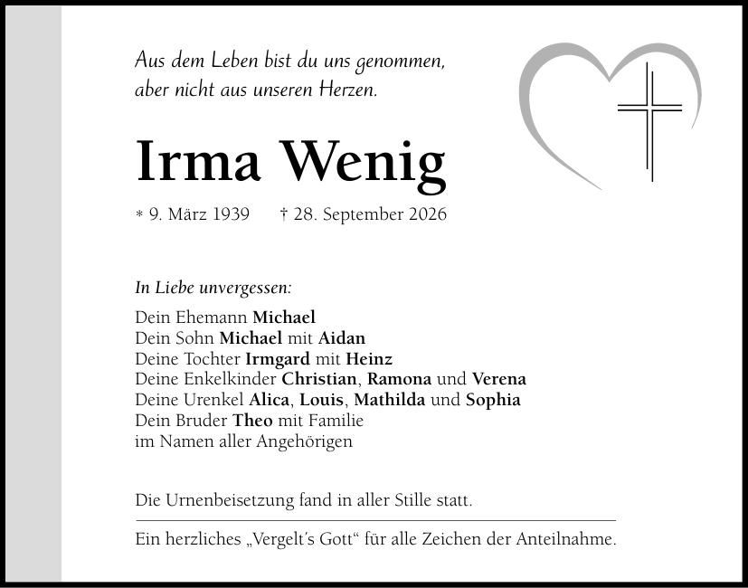 Traueranzeige Irma Wenig
