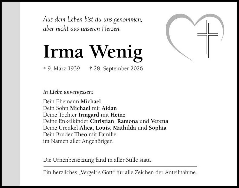 Traueranzeige Irma Wenig