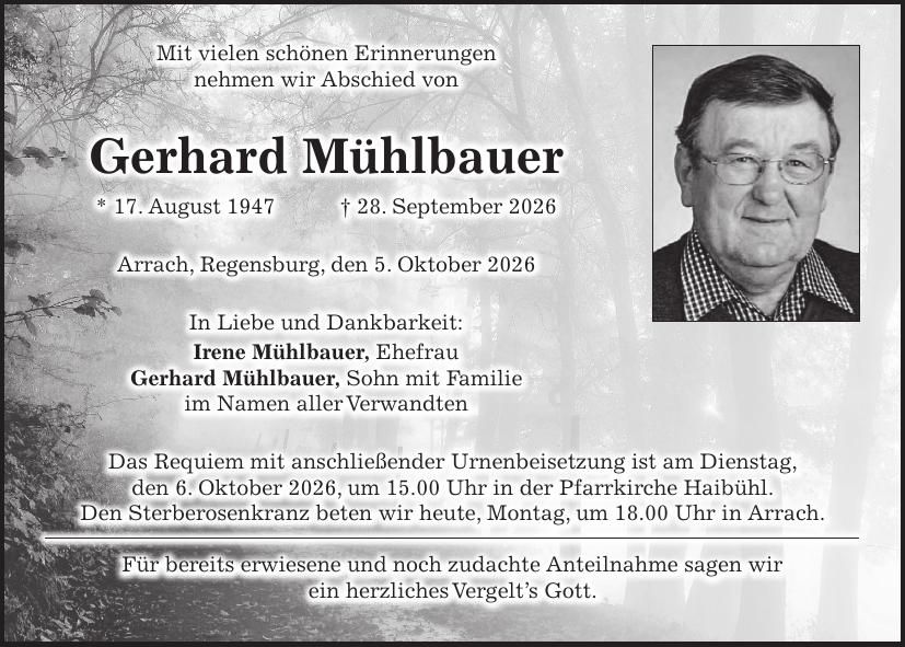 Traueranzeige Gerhard Mühlbauer