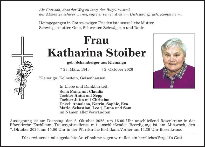 Traueranzeige Katharina Stoiber