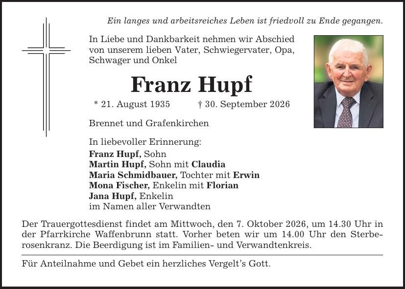 Traueranzeige Franz Hupf