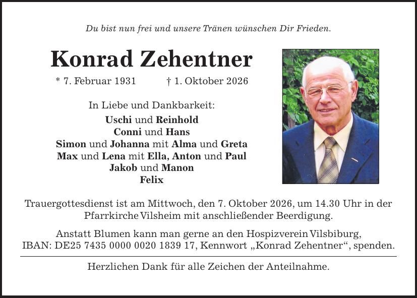 Traueranzeige Konrad Zehentner