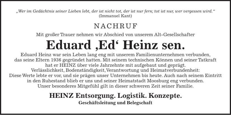 Traueranzeige Eduard Heinz