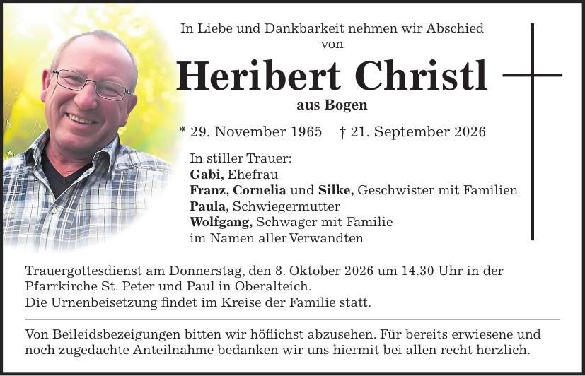 Traueranzeige Heribert Christl