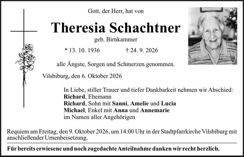 Traueranzeige Theresia Schachtner