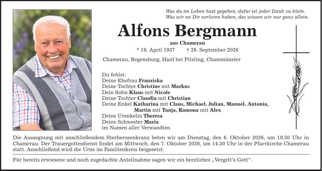 Traueranzeige Alfons Bergmann
