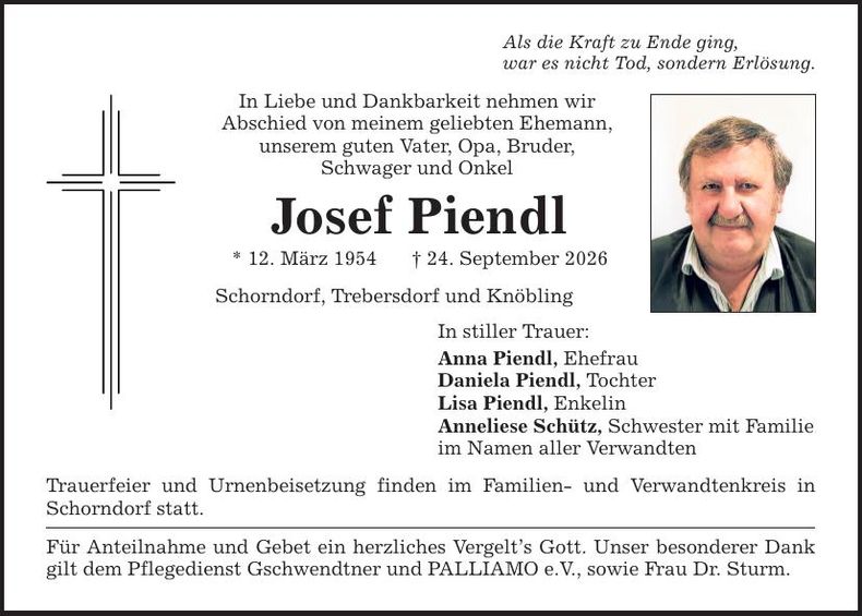 Traueranzeige Josef Piendl
