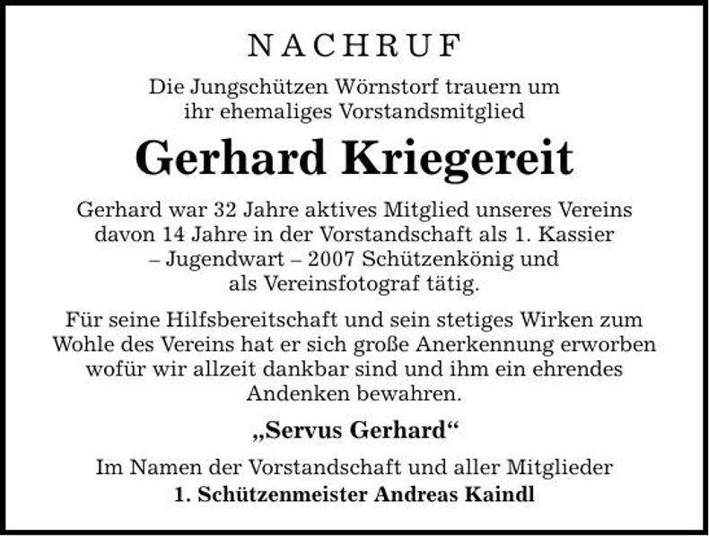 Traueranzeige Gerhard Kriegereit
