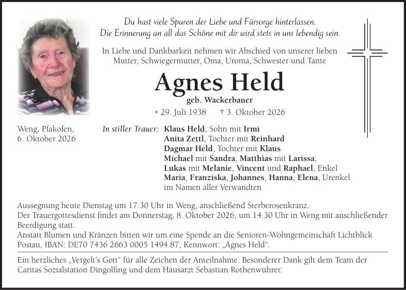 Traueranzeige Agnes Held