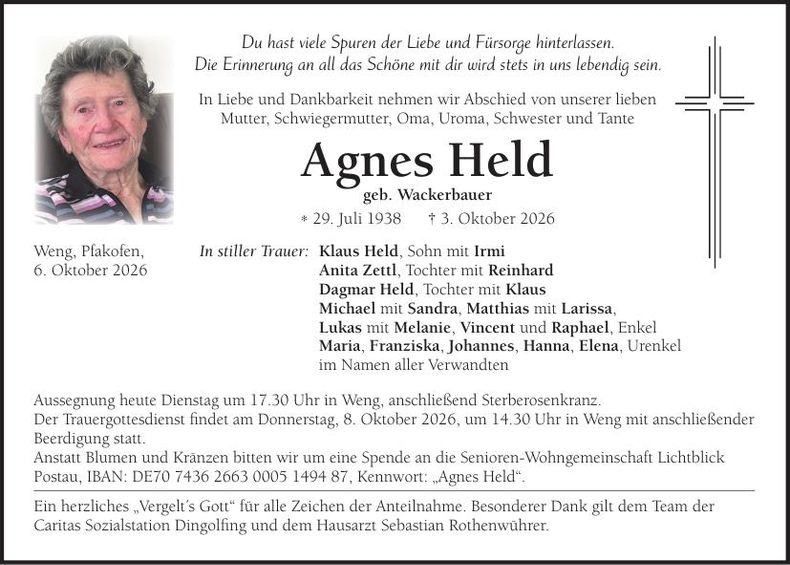 Traueranzeige Agnes Held