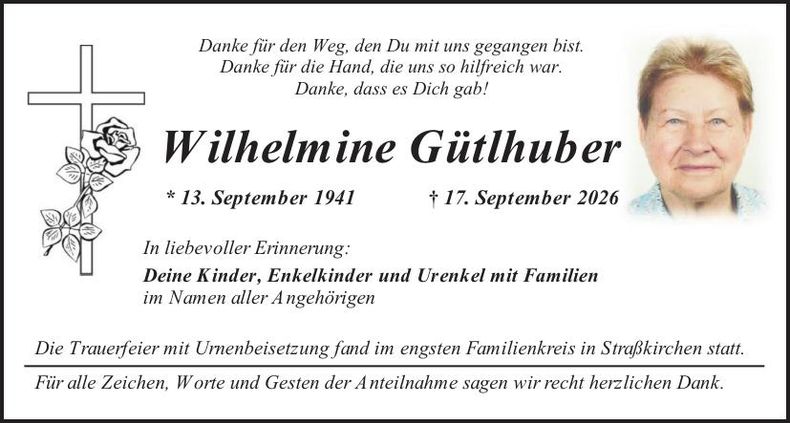 Traueranzeige Wilhelmine Gütlhuber