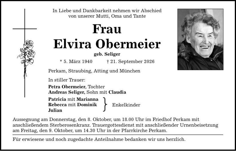 Traueranzeige Elvira Obermeier