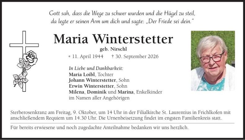 Traueranzeige Maria Winterstetter