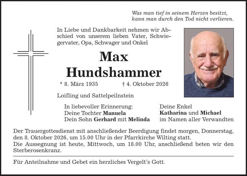 Traueranzeige Max Hundshammer