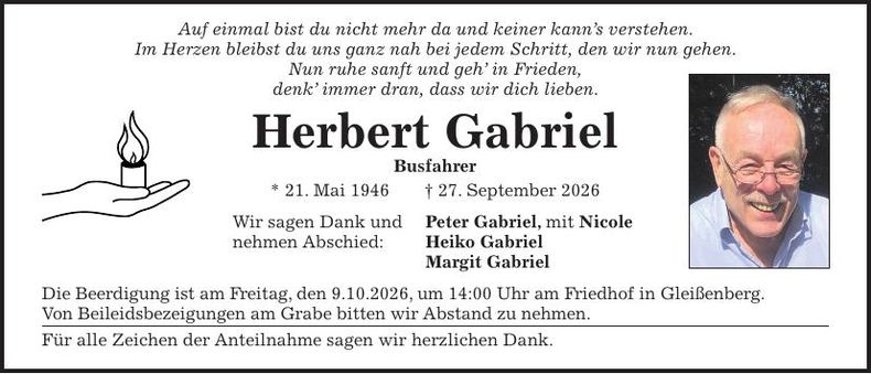 Traueranzeige Herbert Gabriel