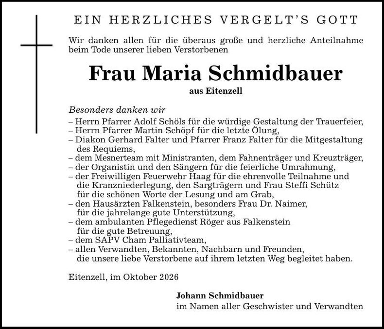 Traueranzeige Maria Schmidbauer