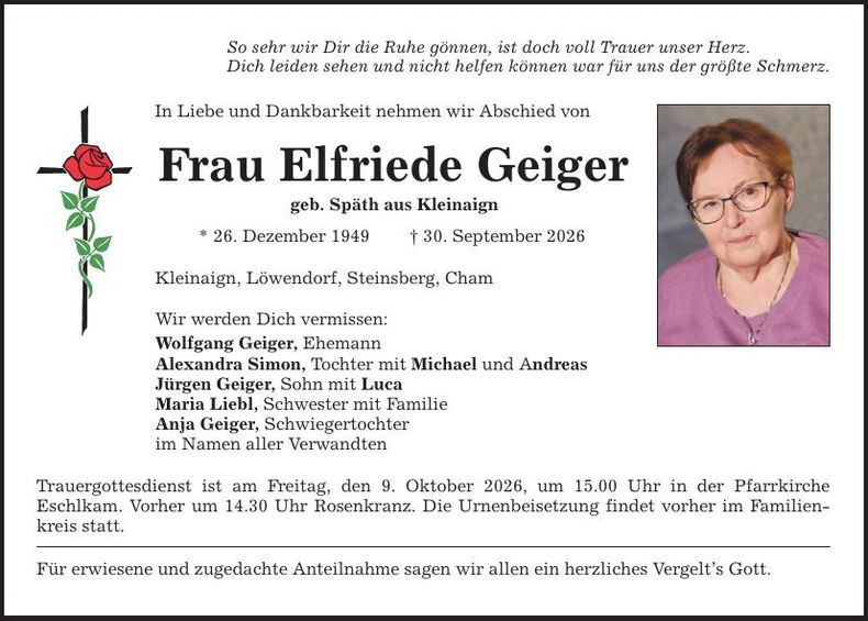 Traueranzeige Elfriede Geiger