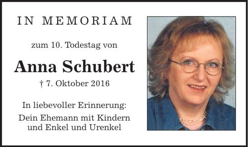 Traueranzeige Anna Schubert