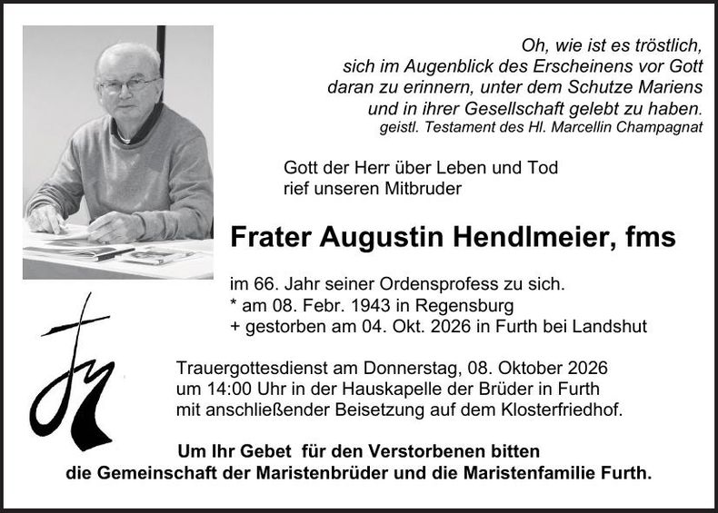 Traueranzeige Frater Augustin Hendlmeier