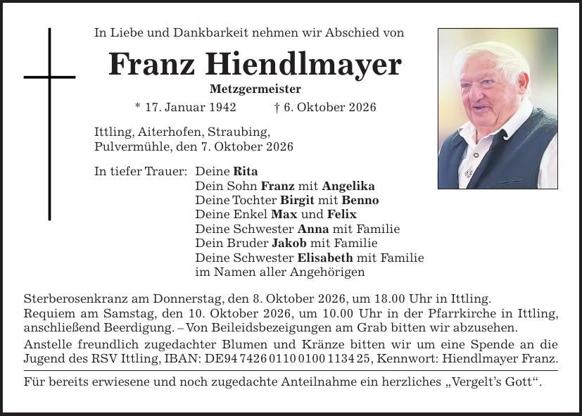 Traueranzeige Franz Hiendlmayer