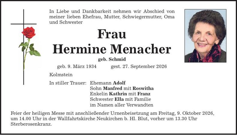 Traueranzeige Hermine Menacher