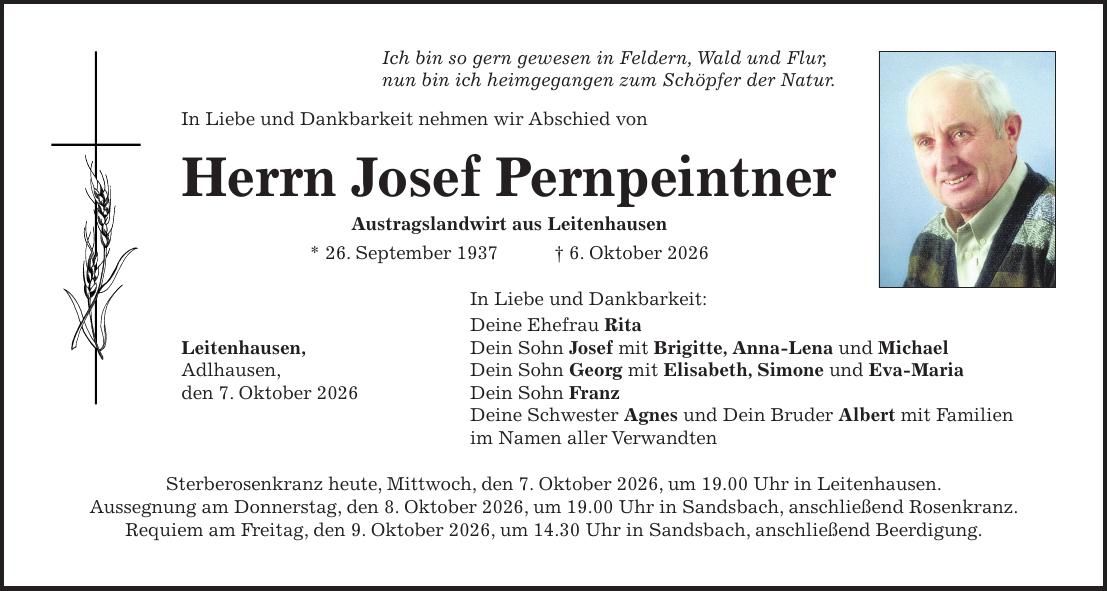 Traueranzeige Josef Pernpeintner