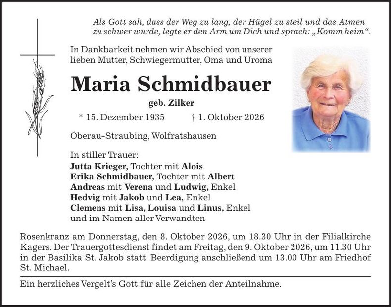 Traueranzeige Maria Schmidbauer