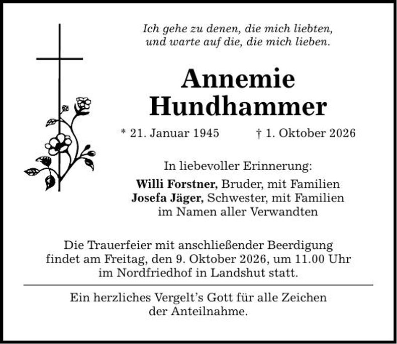 Traueranzeige Annemie Hundhammer