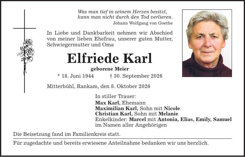 Traueranzeige Elfriede Karl