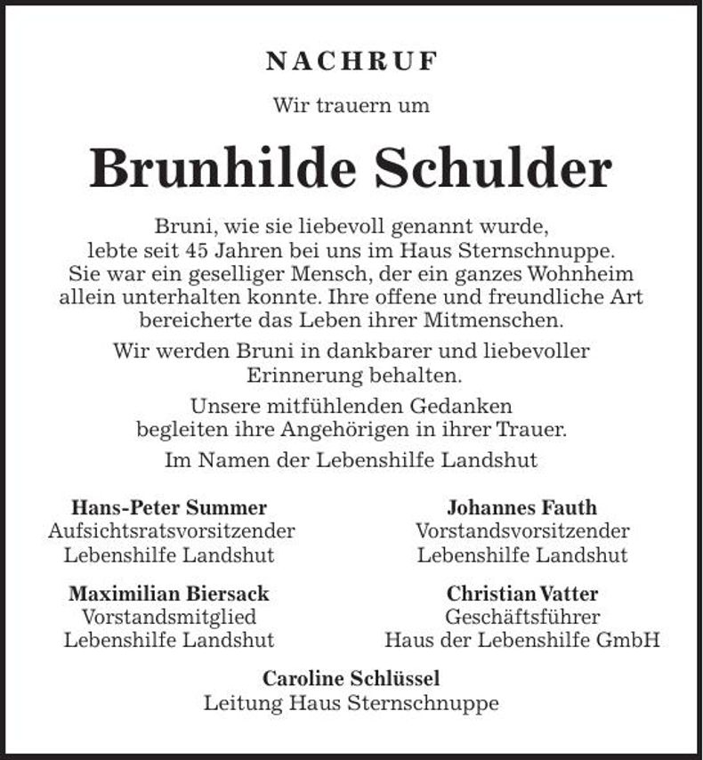 Traueranzeige Brunhilde Schulder