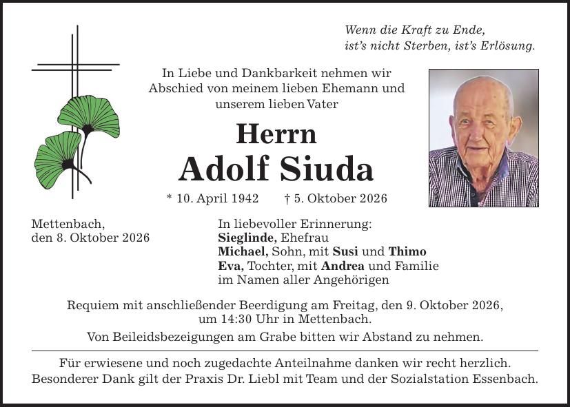 Traueranzeige Adolf Siuda