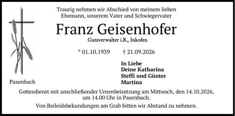 Traueranzeige Franz Geisenhofer