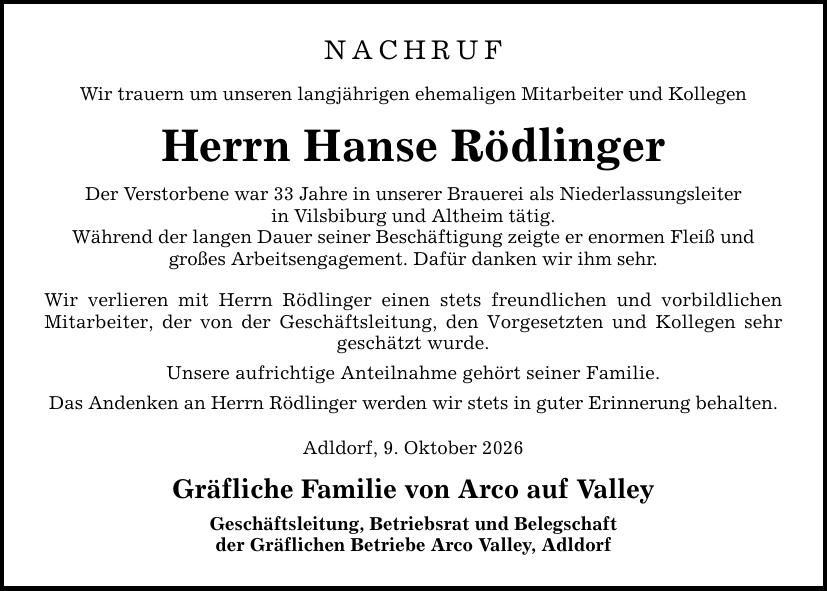 Traueranzeige Hanse Rödlinger