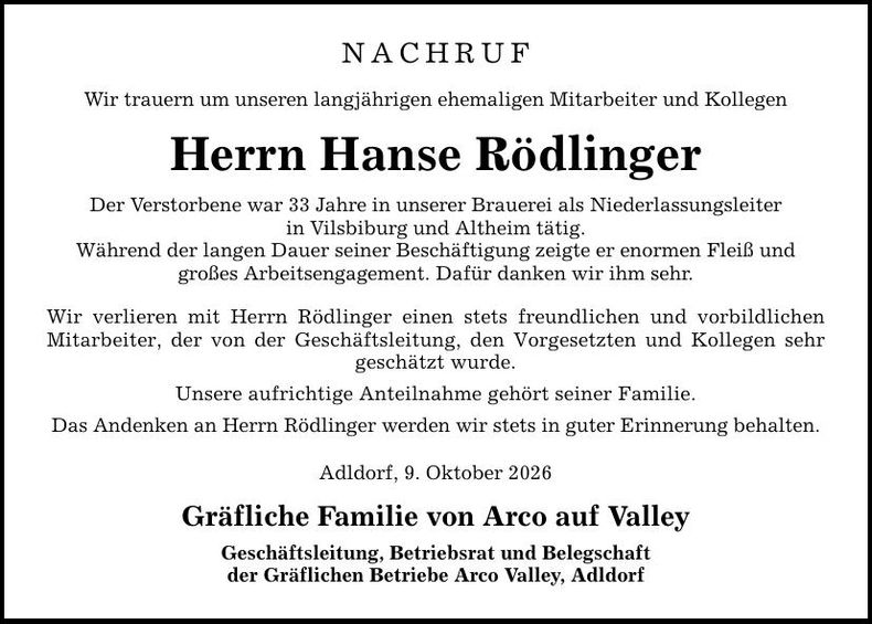 Traueranzeige Hanse  Rödlinger
