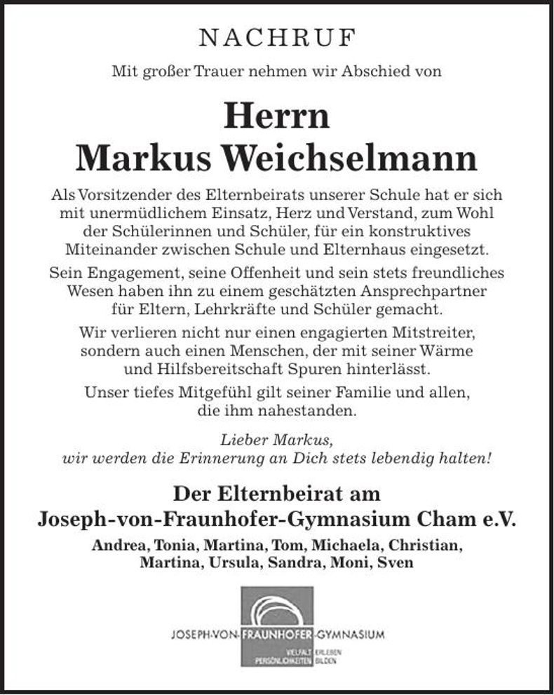 Traueranzeige Markus Weichselmann