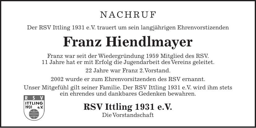 Traueranzeige Franz Hiendlmayer