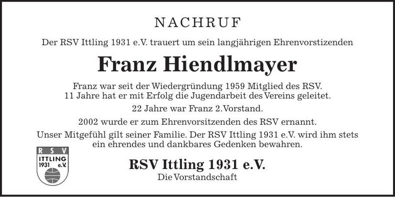 Traueranzeige Franz Hiendlmayer