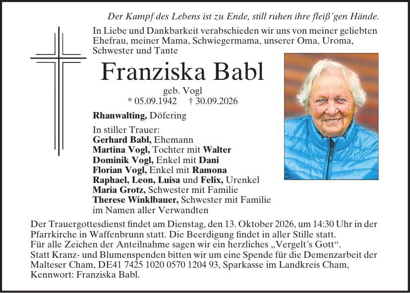 Traueranzeige Franziska Babl
