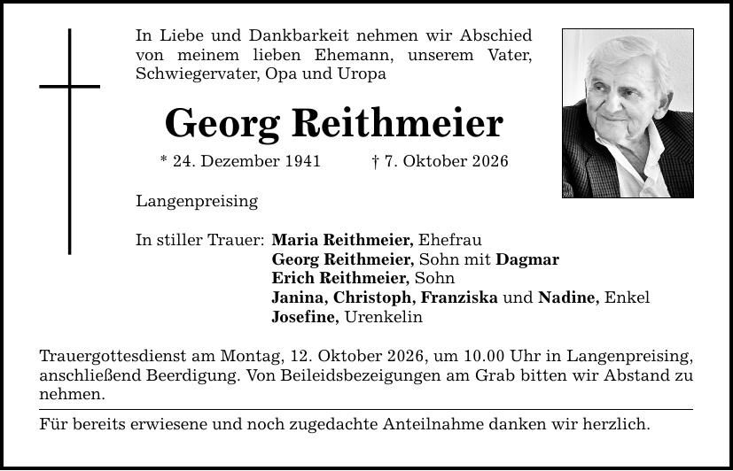 Traueranzeige Georg Reithmeier