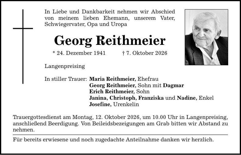 Traueranzeige Georg Reithmeier