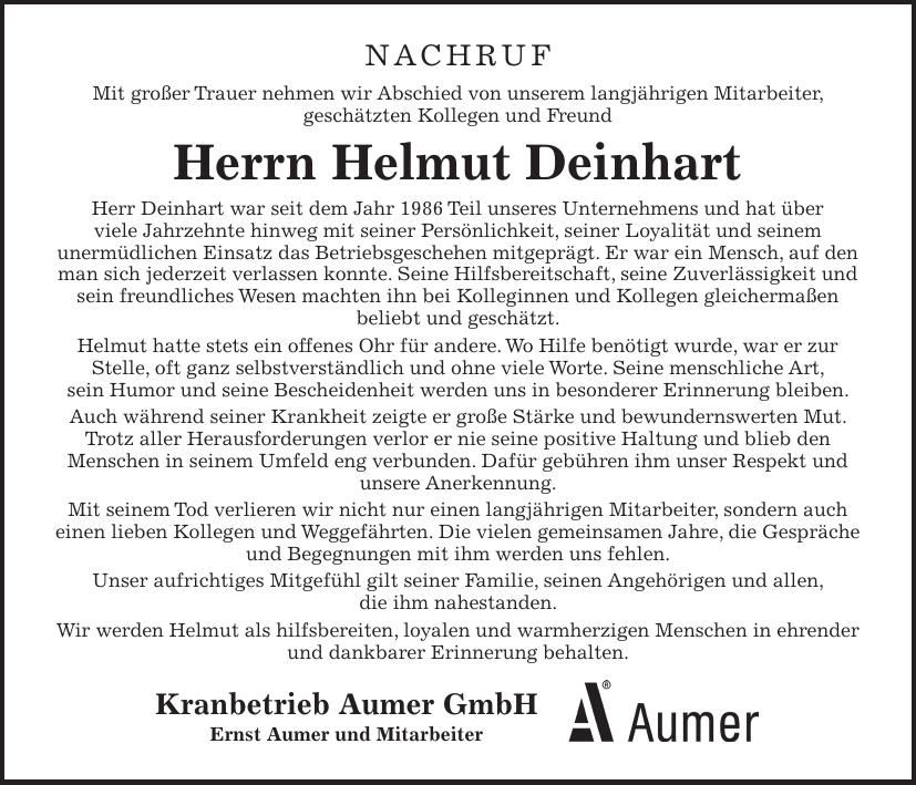 Traueranzeige Helmut Deinhart