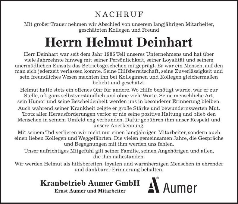 Traueranzeige Helmut Deinhart