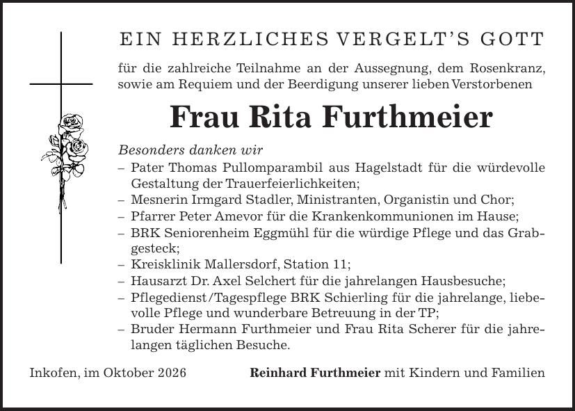 Traueranzeige Rita Furthmeier