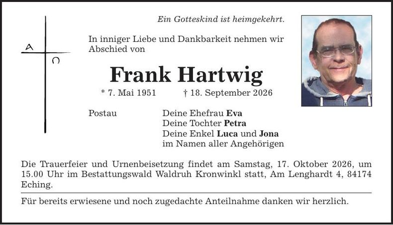 Traueranzeige Frank Hartwig