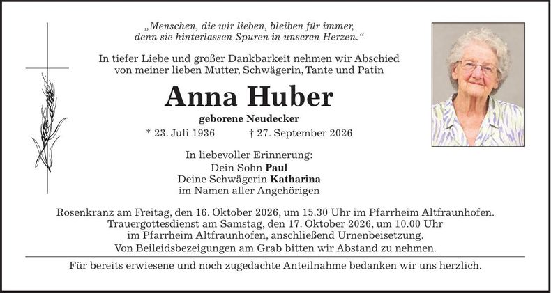 Traueranzeige Anna Huber