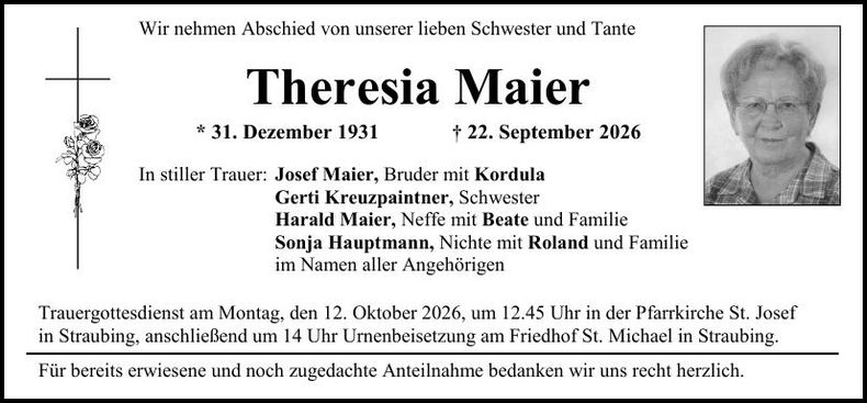 Traueranzeige Theresia Maier