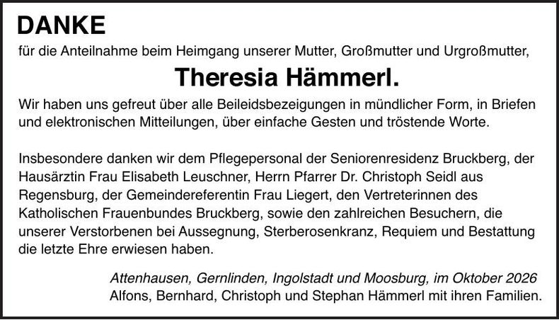 Traueranzeige Theresia Hämmerl
